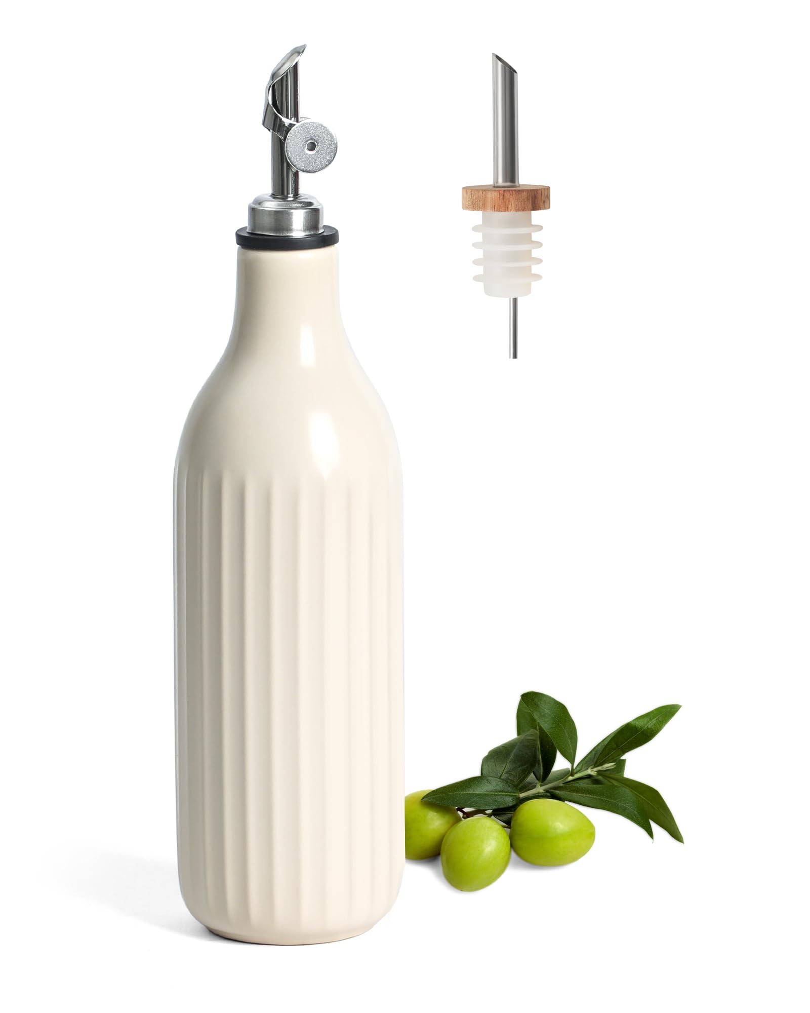 FUN ELEMENTS front view of off-white ceramic oil dispenser showing capacity and style benefit