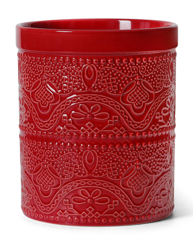 FUN ELEMENTS front view of red lace emboss crock showing style and capacity