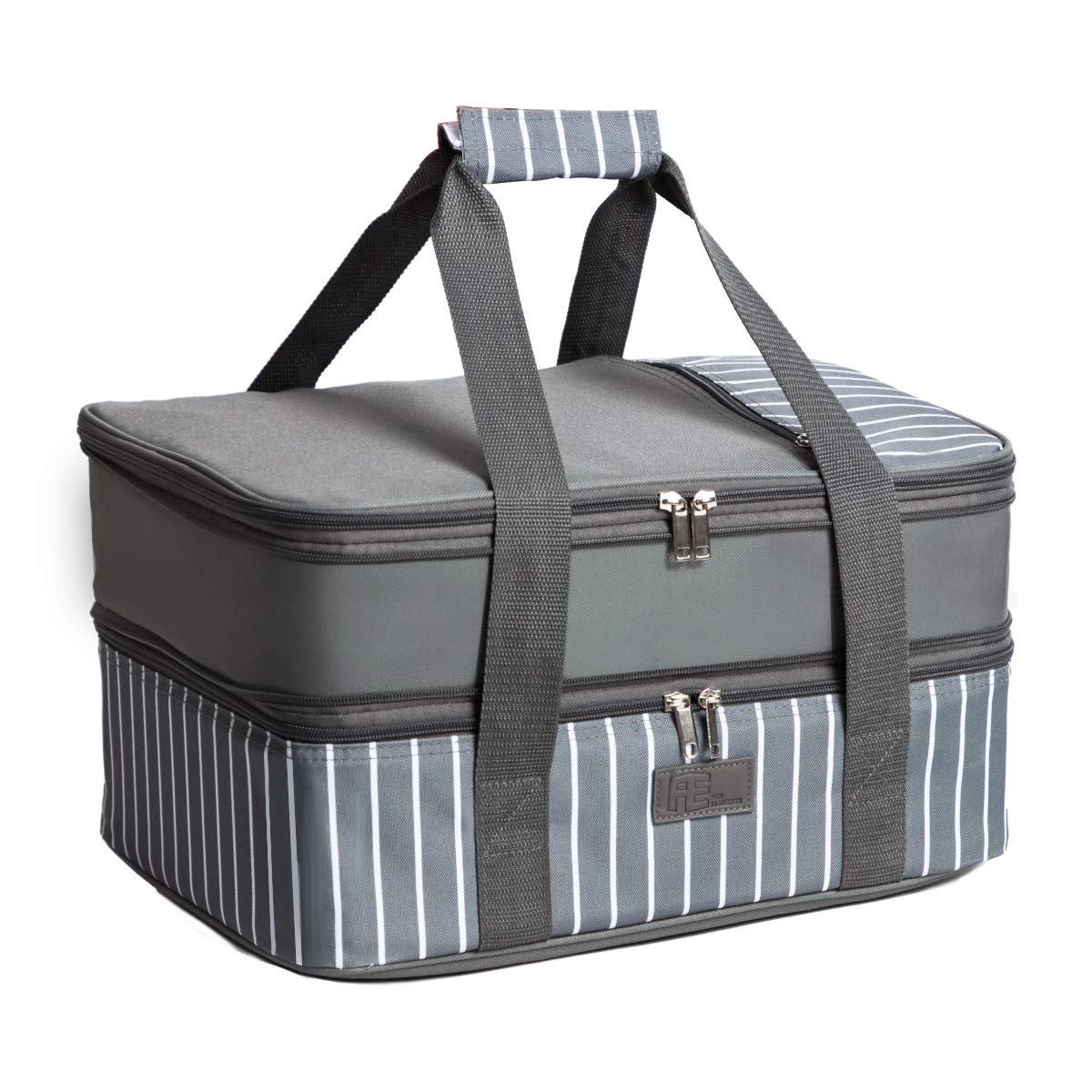 FUN ELEMENTS front view showing grey casserole carrier and zippered closure for secure transport