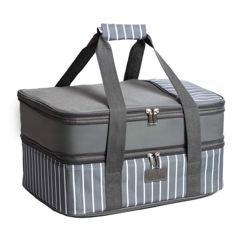 FUN ELEMENTS front view showing grey casserole carrier and zippered closure for secure transport