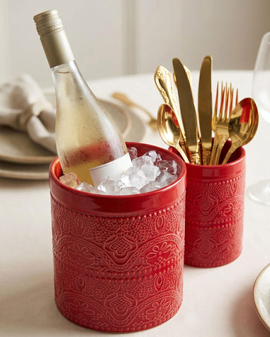 FUN ELEMENTS crock in use on counter with utensils for quick access benefit