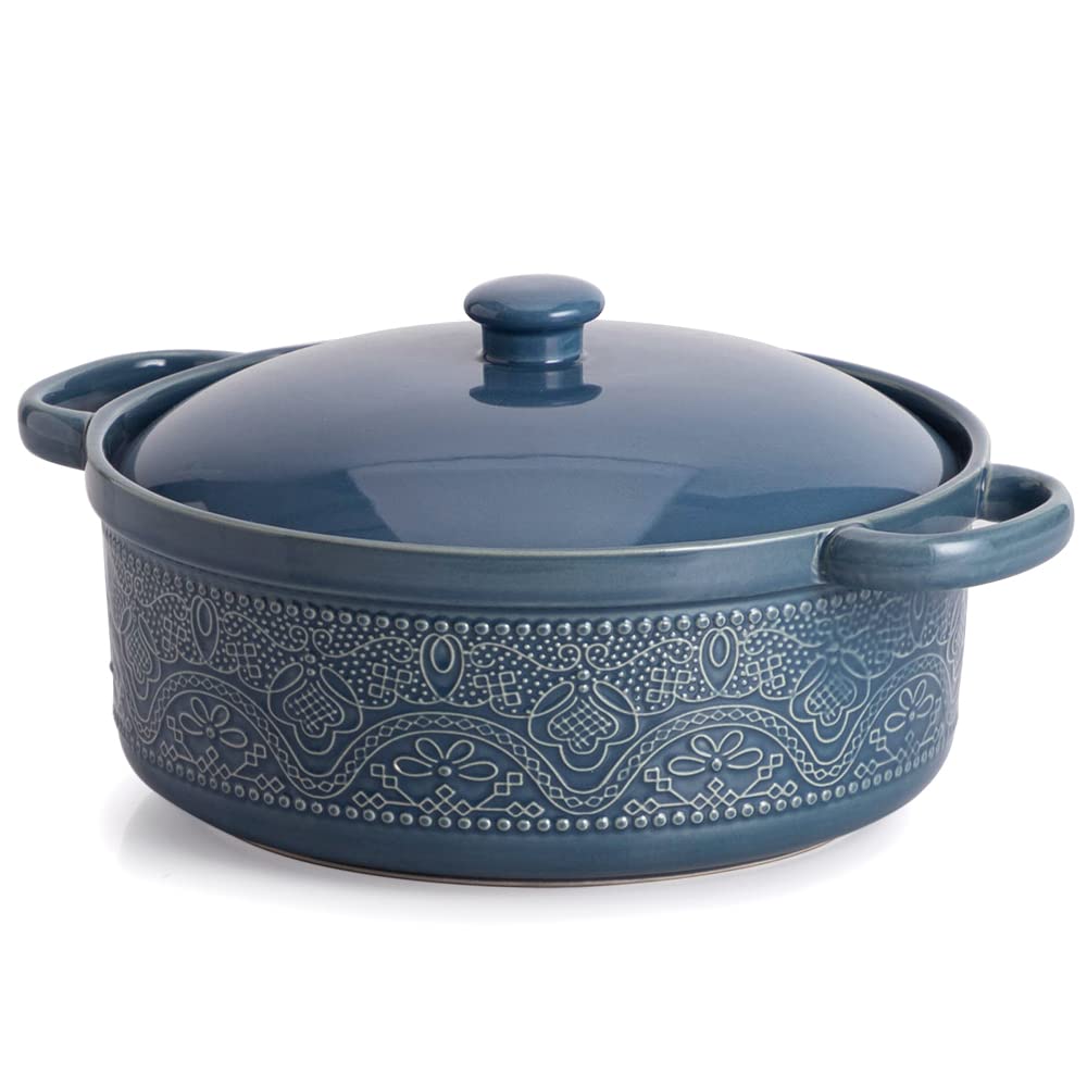 FUN ELEMENTS front view of grayish-blue casserole showcasing design and handles