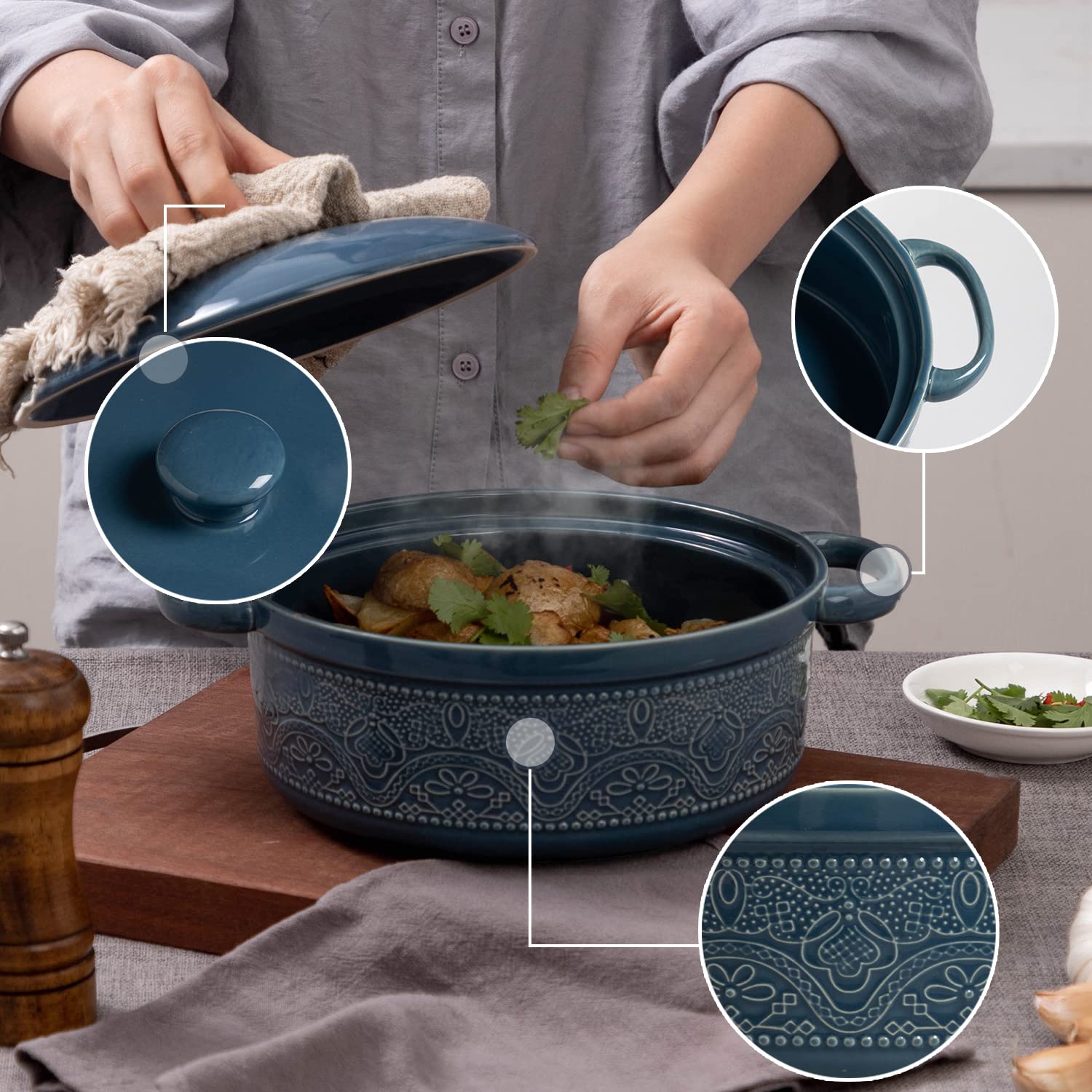 FUN ELEMENTS lid detail showing fitted seal and handle for secure serving