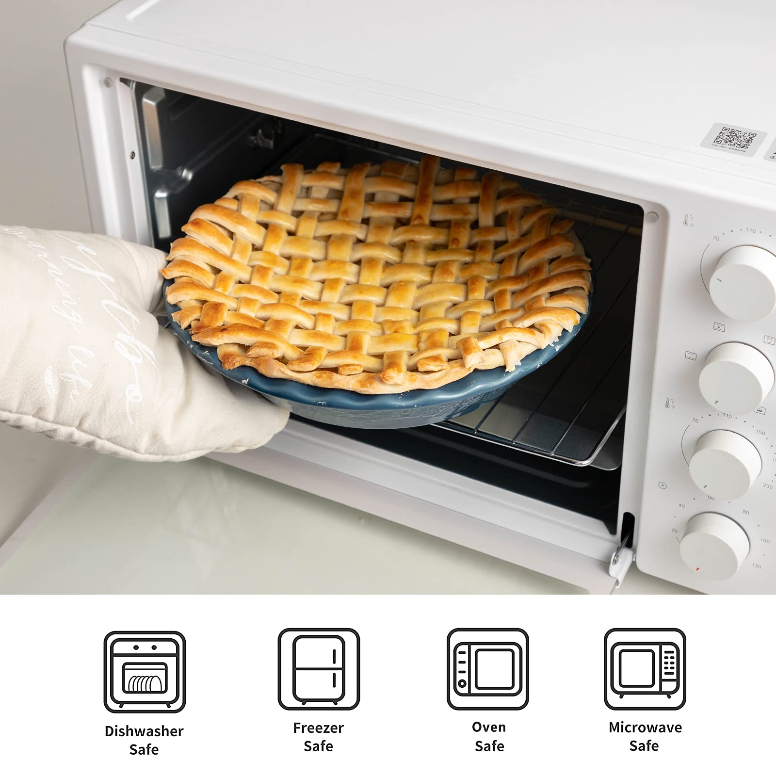 FUN ELEMENTS angled pie pan in oven illustrating even baking and oven-to-table readiness