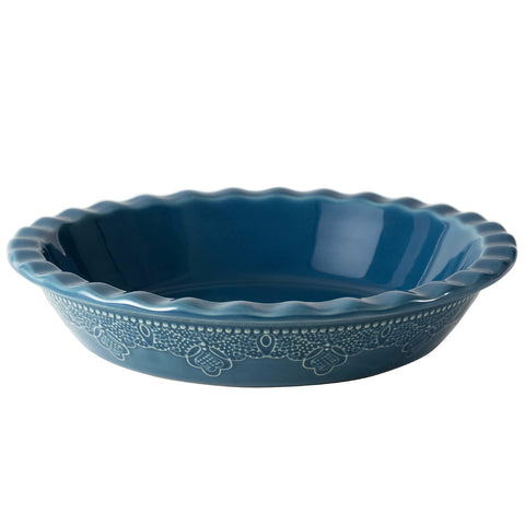 FUN ELEMENTS front view of grayish blue pie pan showing ruffled rim and attractive finish for presentation