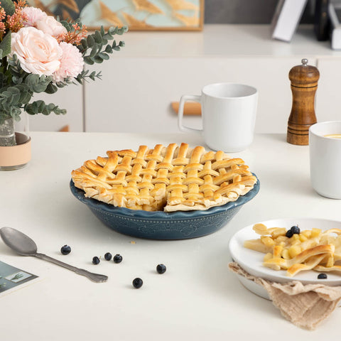 FUN ELEMENTS pie pan beside standard plate for scale demonstrating generous 10.5 inch diameter