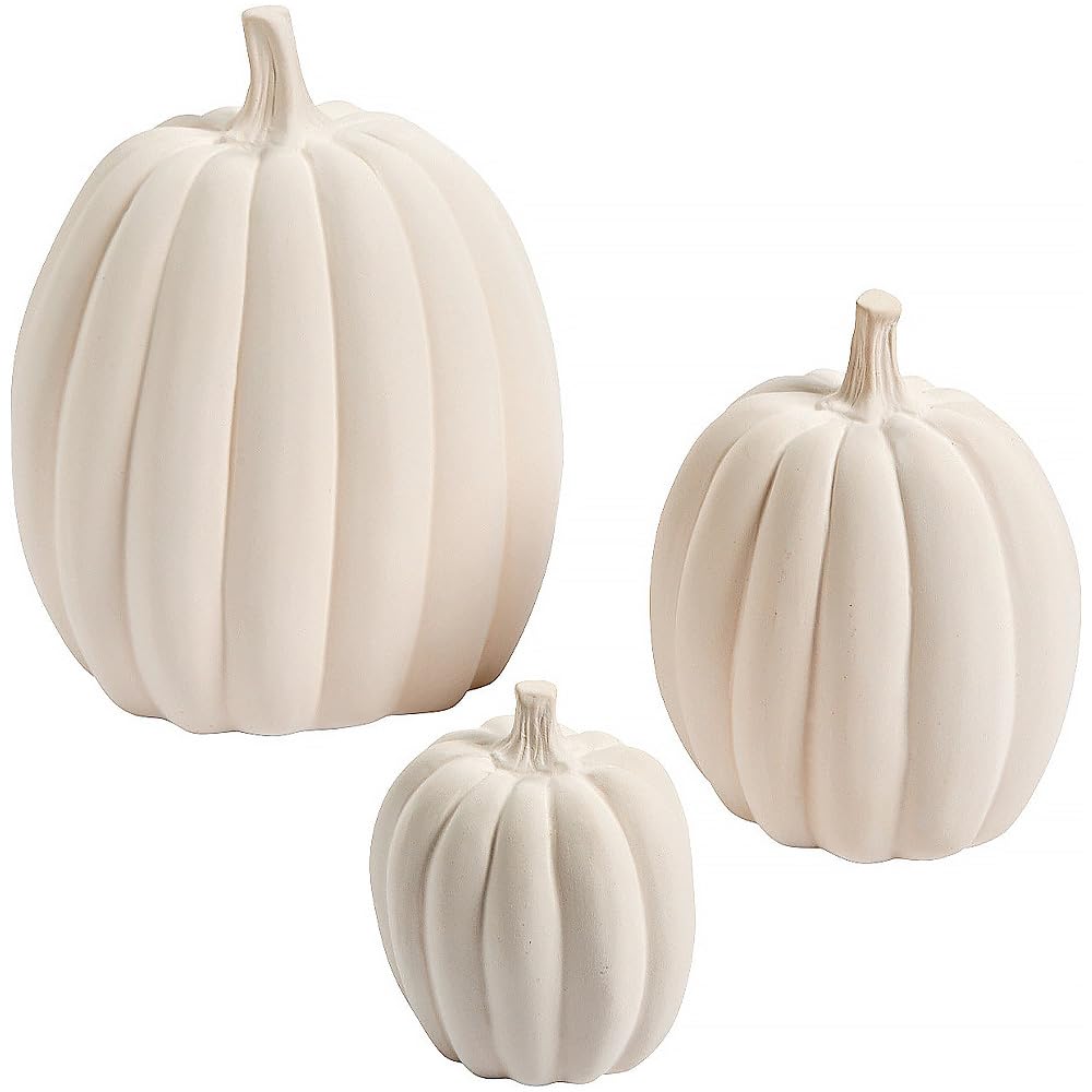 Fun Express front view of three blank ceramic pumpkins, easy-to-paint fall decor