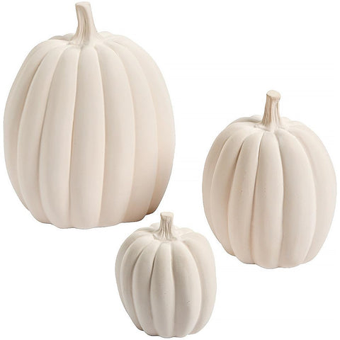 Fun Express front view of three blank ceramic pumpkins, easy-to-paint fall decor