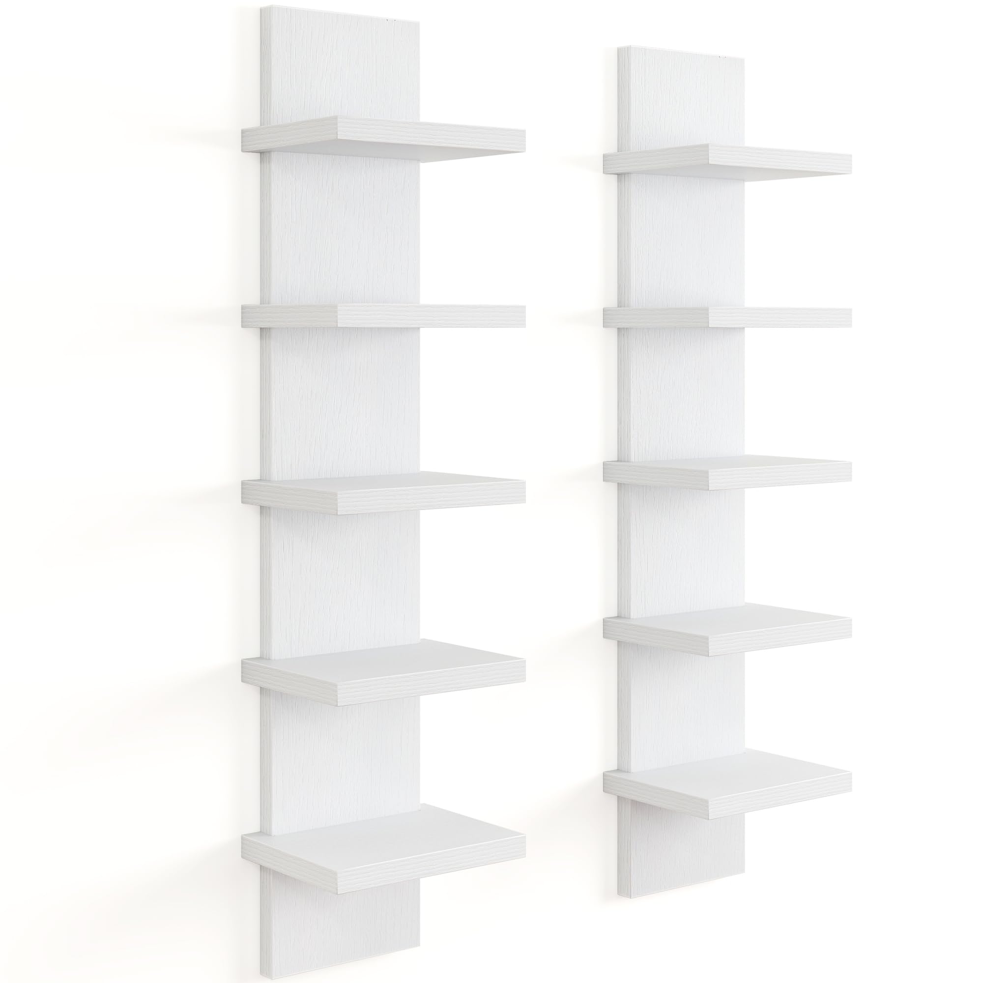 Fun Memories front view of 5-tier white wall shelf showing modern vertical storage benefit