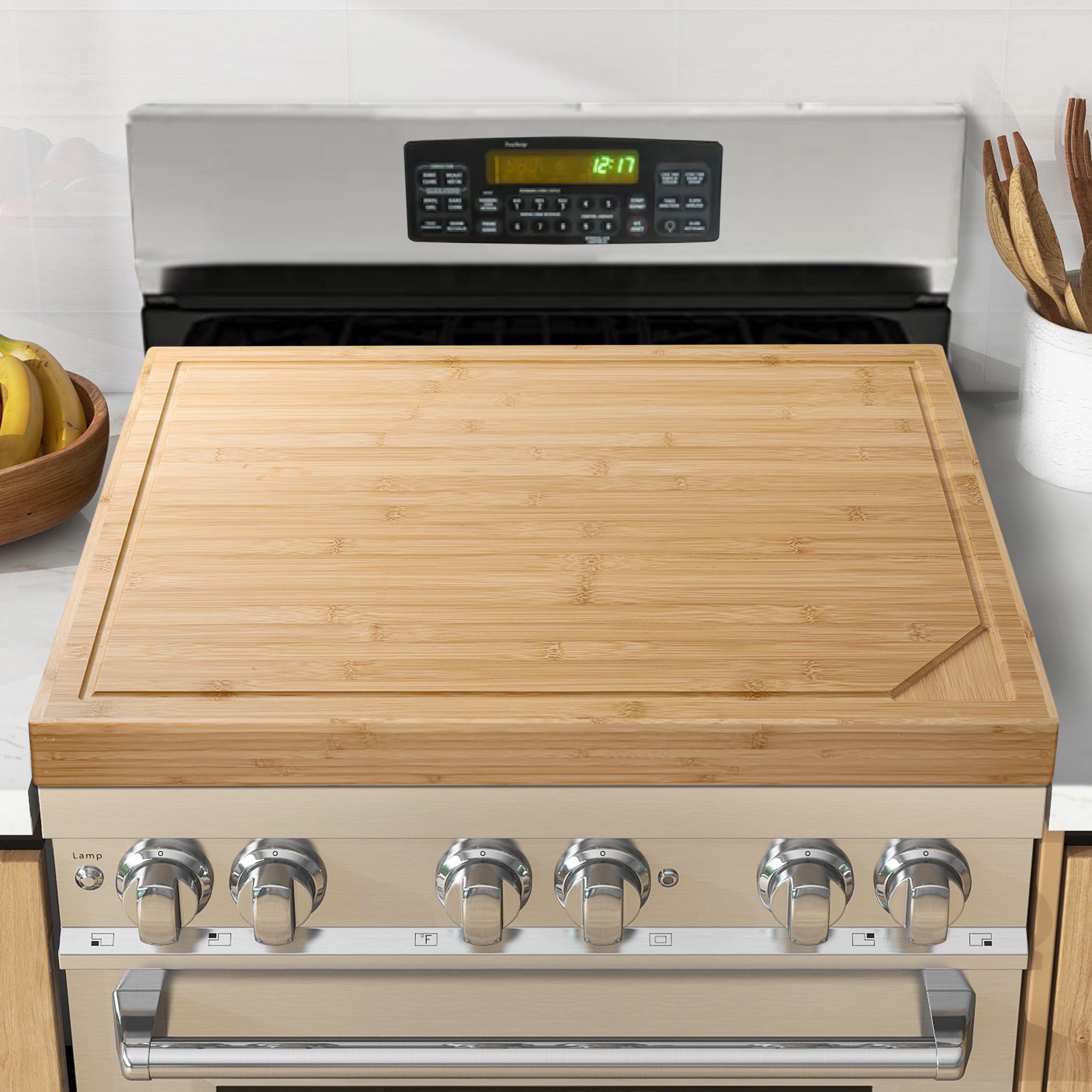 Fun Memories front view showing bamboo stove cover protecting cooktop and adding counter space