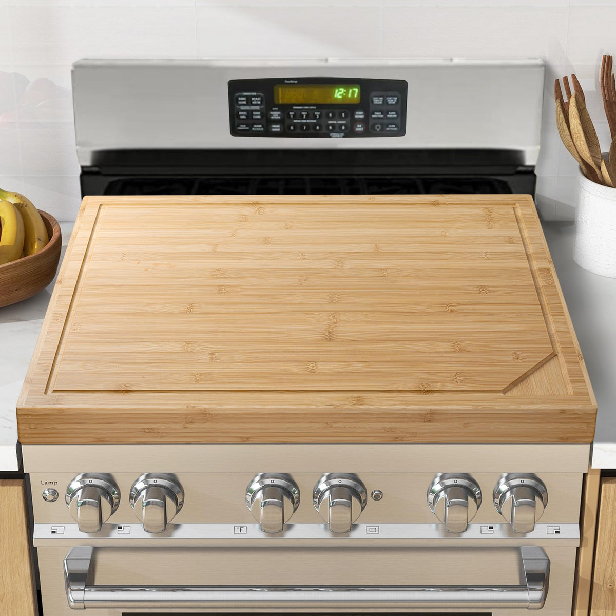 Fun Memories front view showing bamboo stove cover protecting cooktop and adding counter space