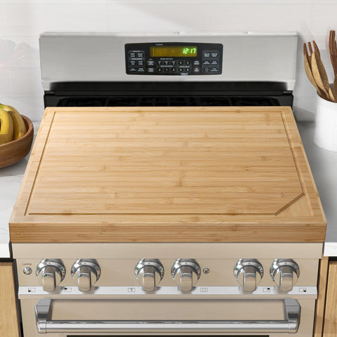 Fun Memories front view showing bamboo stove cover protecting cooktop and adding counter space