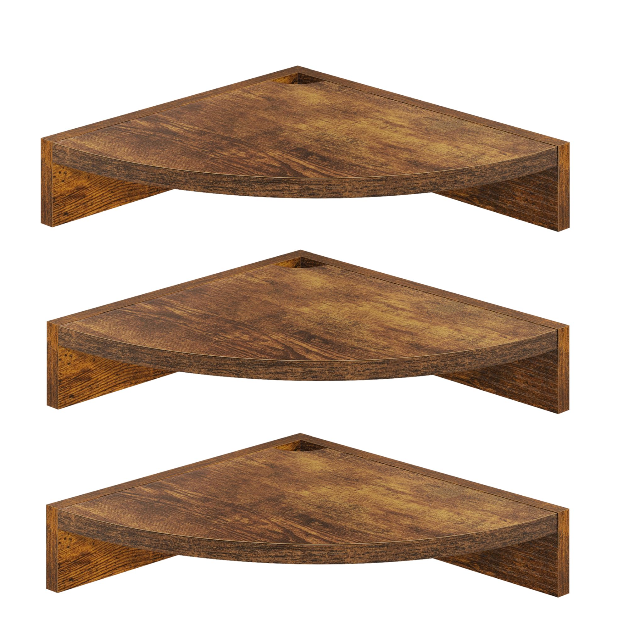 Fun Memories front view of three brown corner shelves showing tidy display benefit