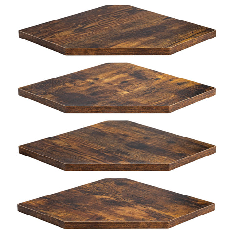Fun Memories front view of four rustic corner shelves showing organized display benefit