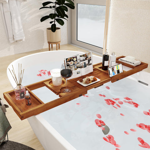 Fun Memories tray expanded across bathtub rim demonstrating stable fit benefit