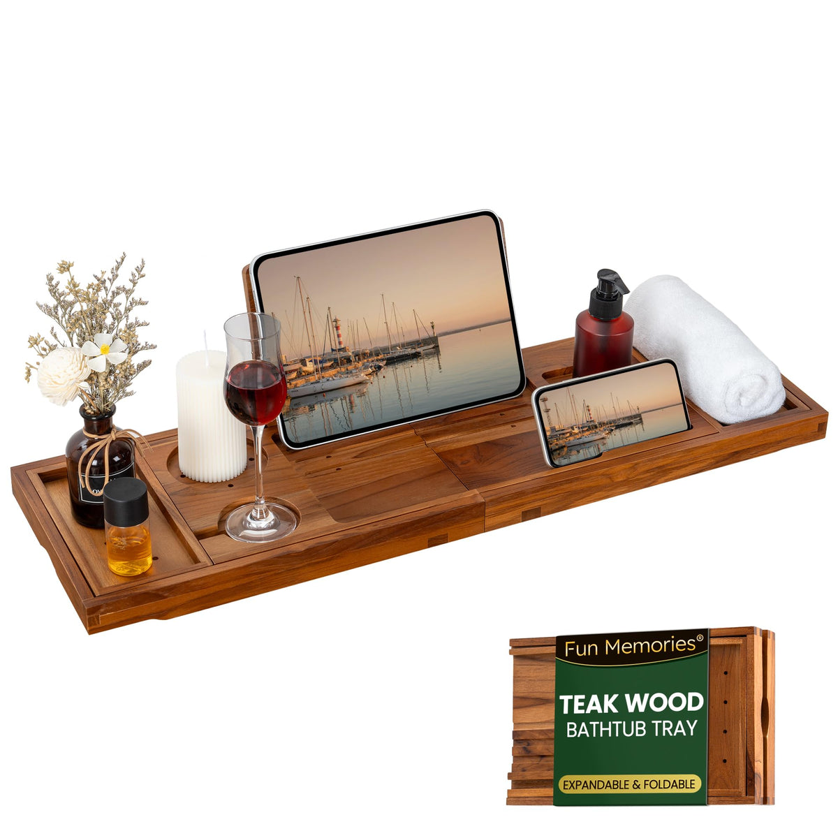 Fun Memories teak tray front view showing light walnut finish and full layout benefit