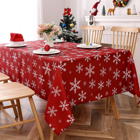 FUN WEEKEND front view of red snowflake tablecloth showing festive pattern and fit