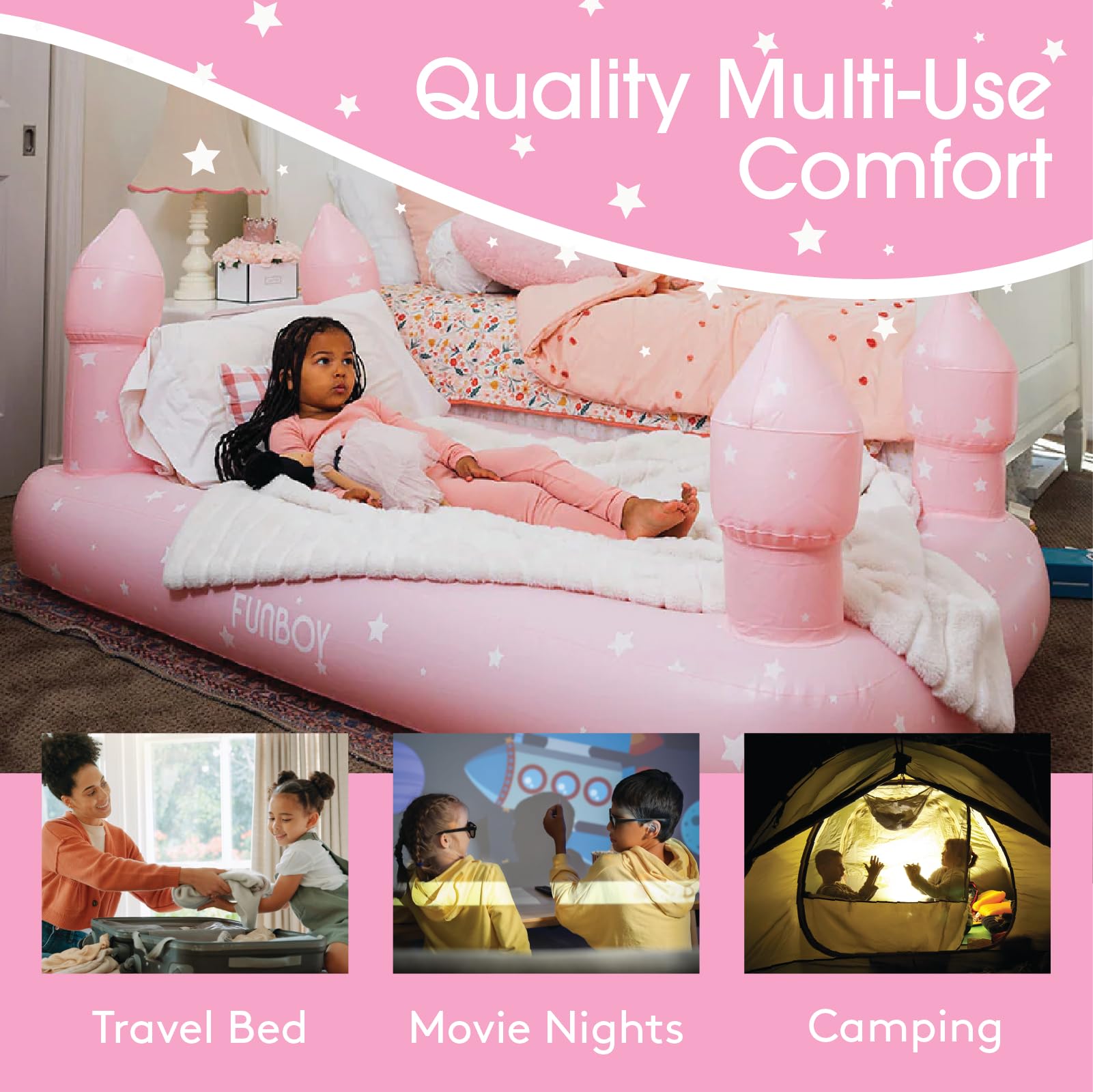 FUNBOY child using bed in bedroom demonstrating comfortable travel sleep setup