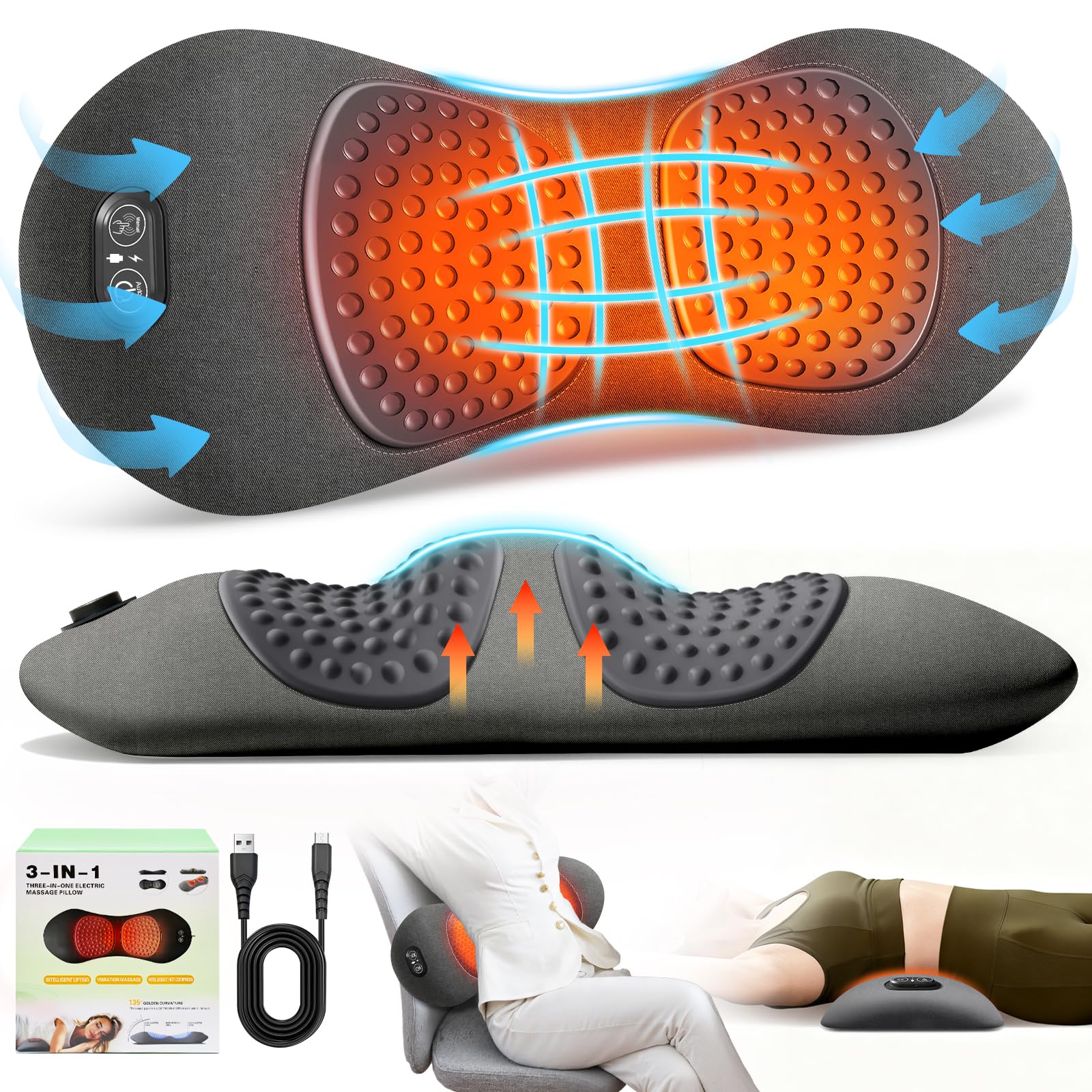 FunBy lumbar support pillow front view showing ergonomic curve and firm support