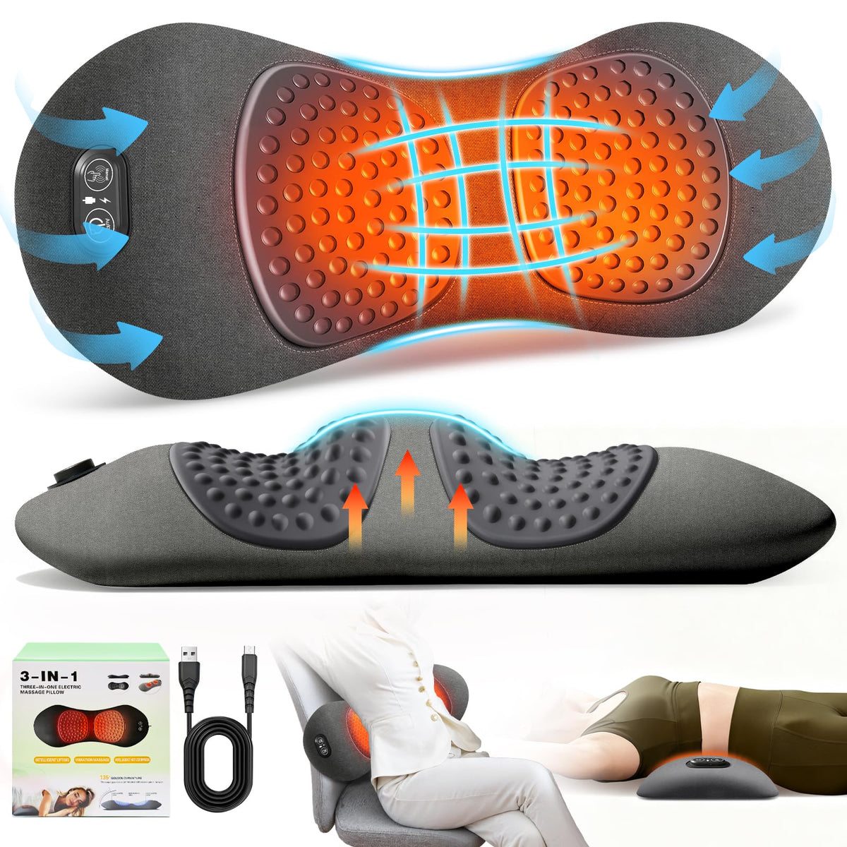 FunBy lumbar support pillow front view showing ergonomic curve and firm support