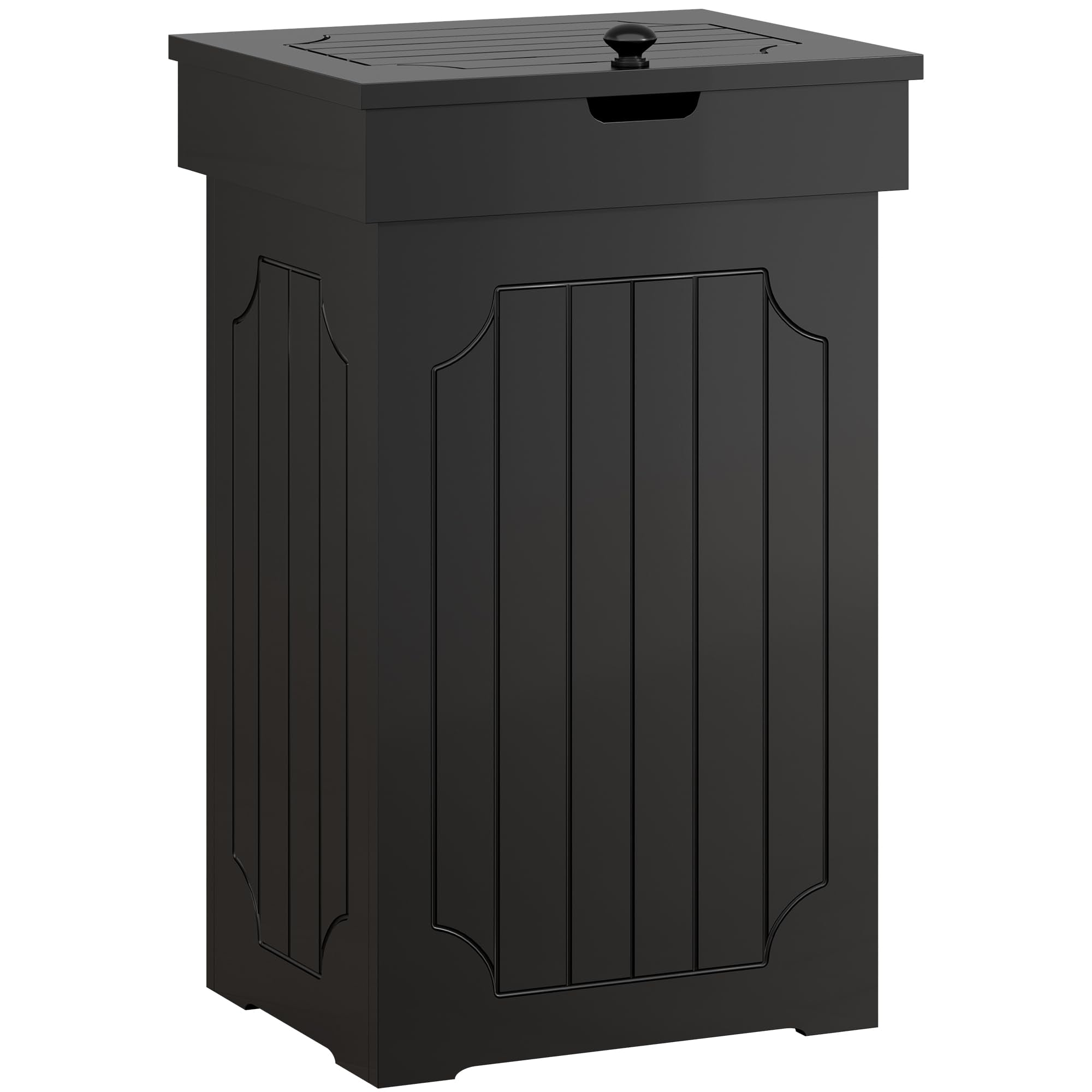 Function Home front view showing closed wood trash cabinet and tidy profile benefit