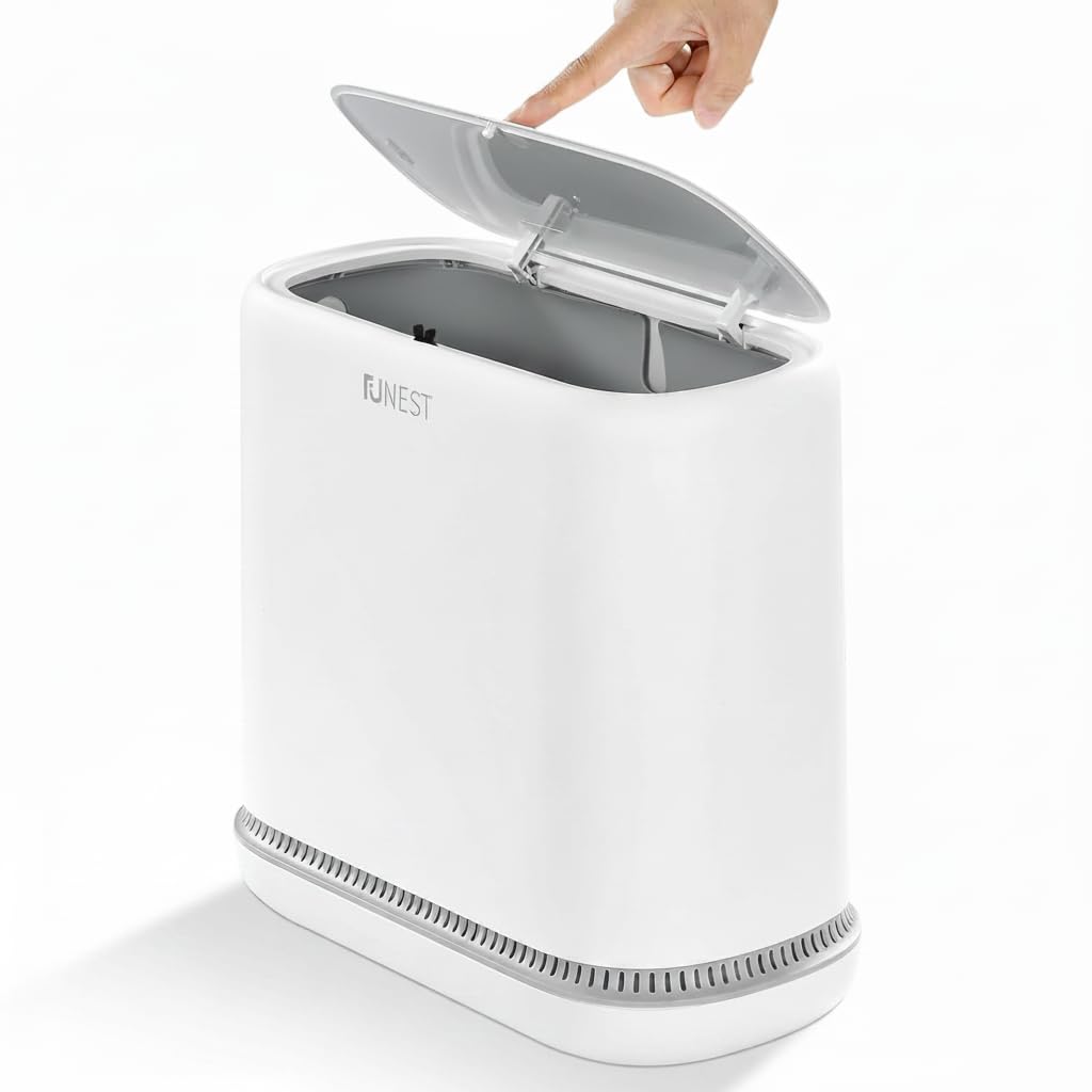 funest front view white trash can showing slim modern design and neat appearance