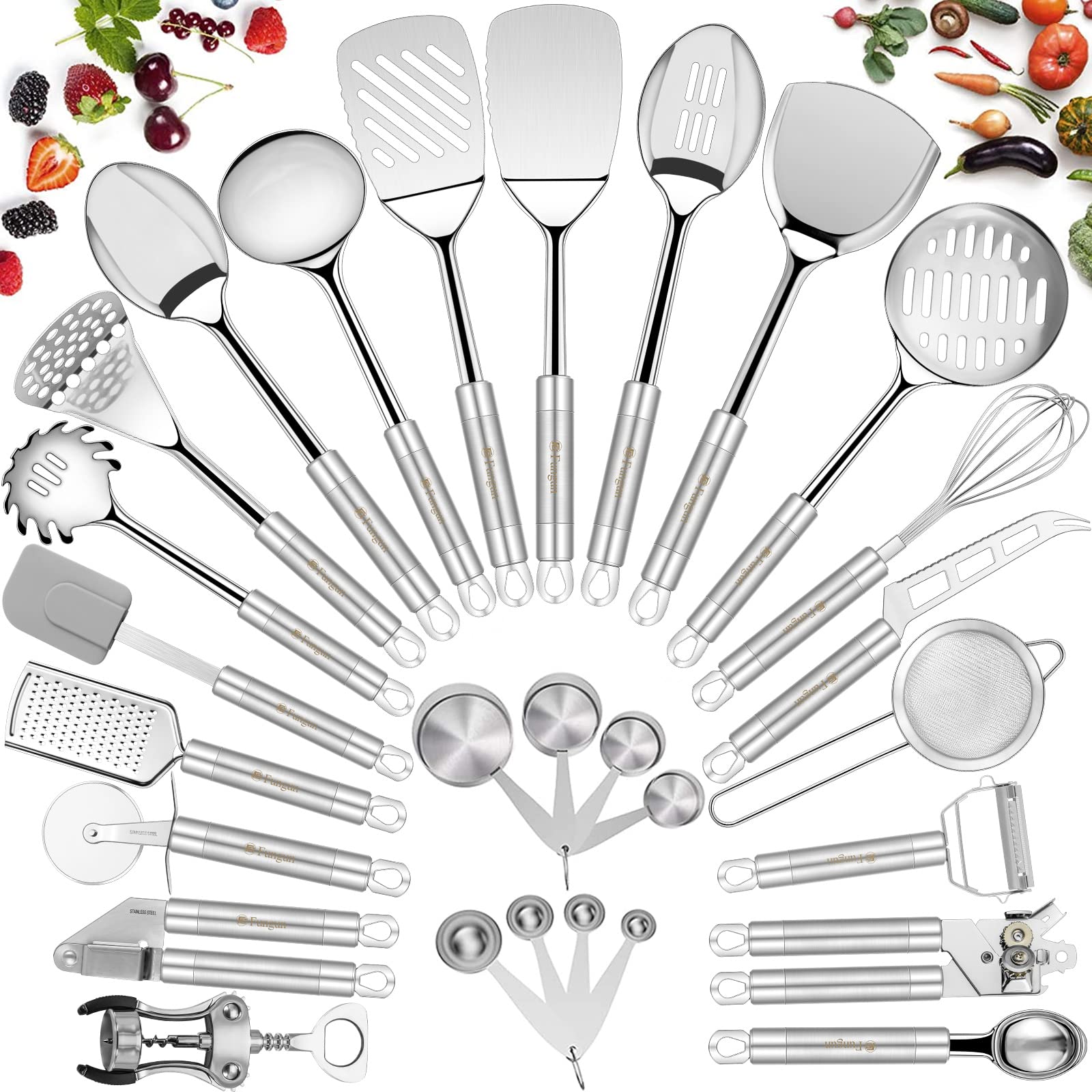 Fungun front packaging showing full 28-piece stainless steel set with durable storage benefit