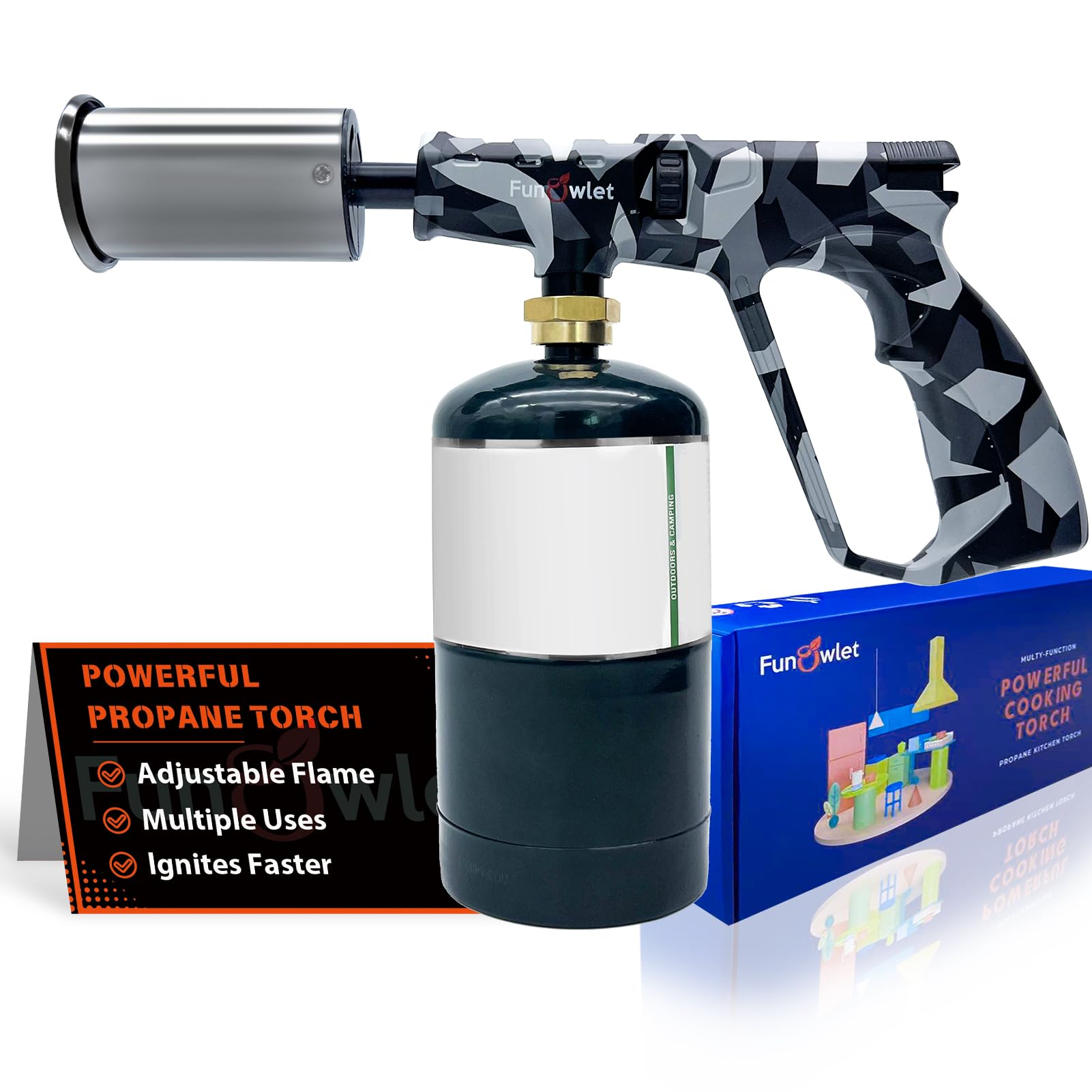FunOwlet front view showing torch shape and ready-to-use benefit