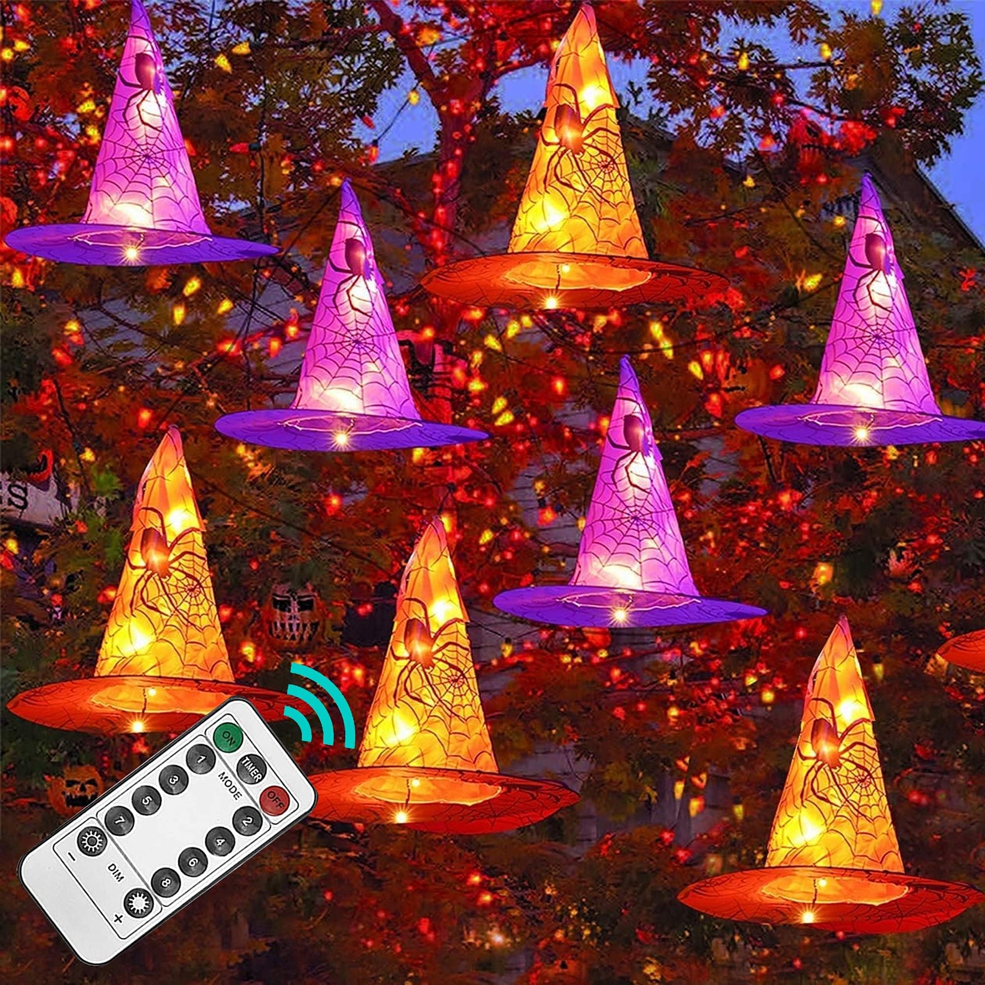 FUNPENY front view of boxed witch hat lights showing contents and colorful hats for easy setup