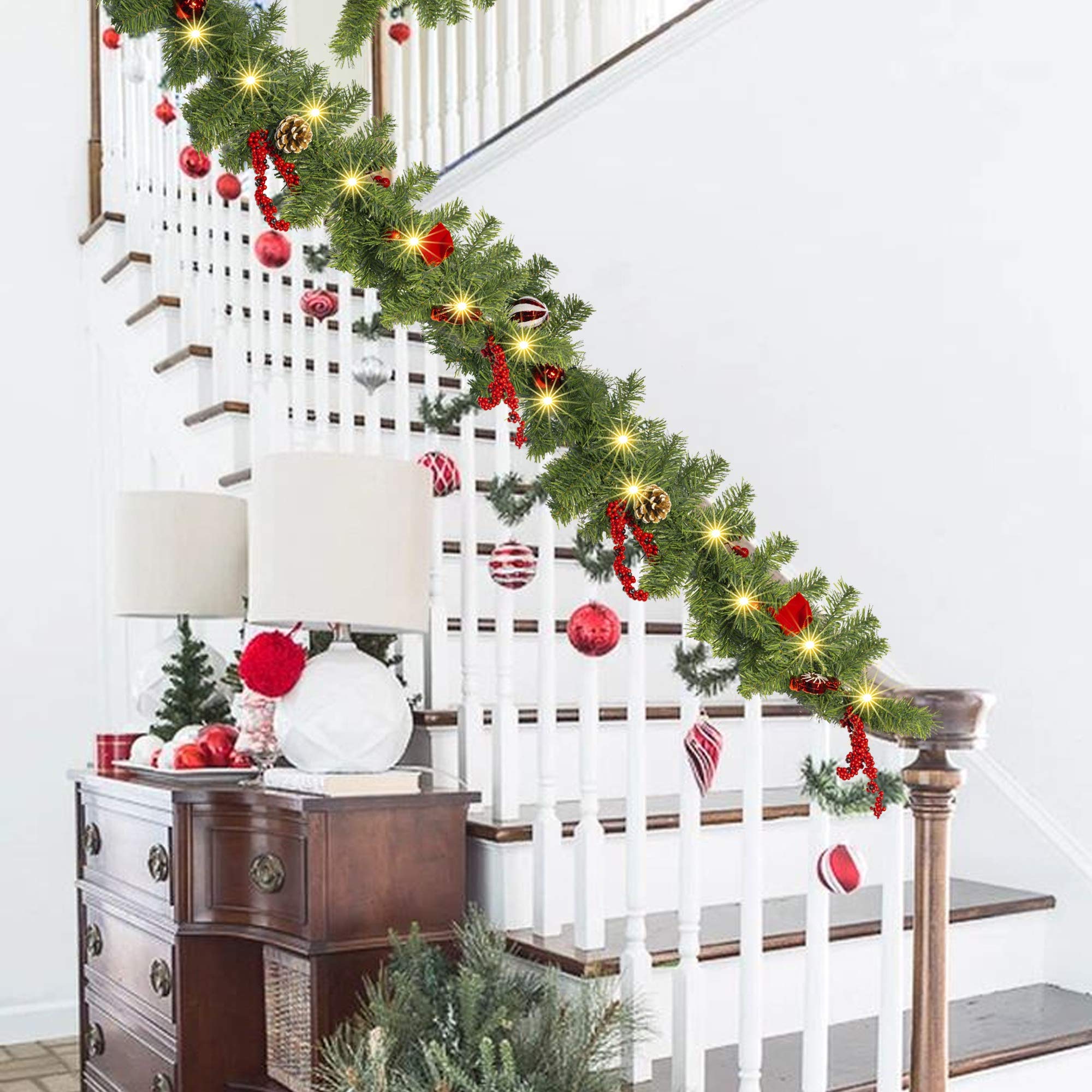 FUNPENY garland wrapped on stair rail showing scale and easy installation benefit