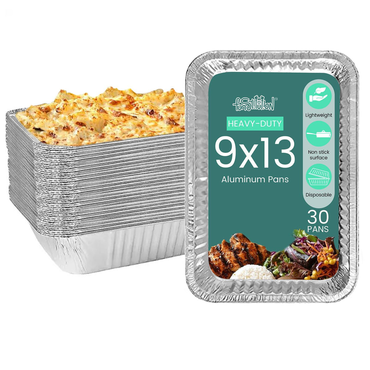 FUNSTITUTION front view of 30-pack 9x13 pans shows convenience and presentation