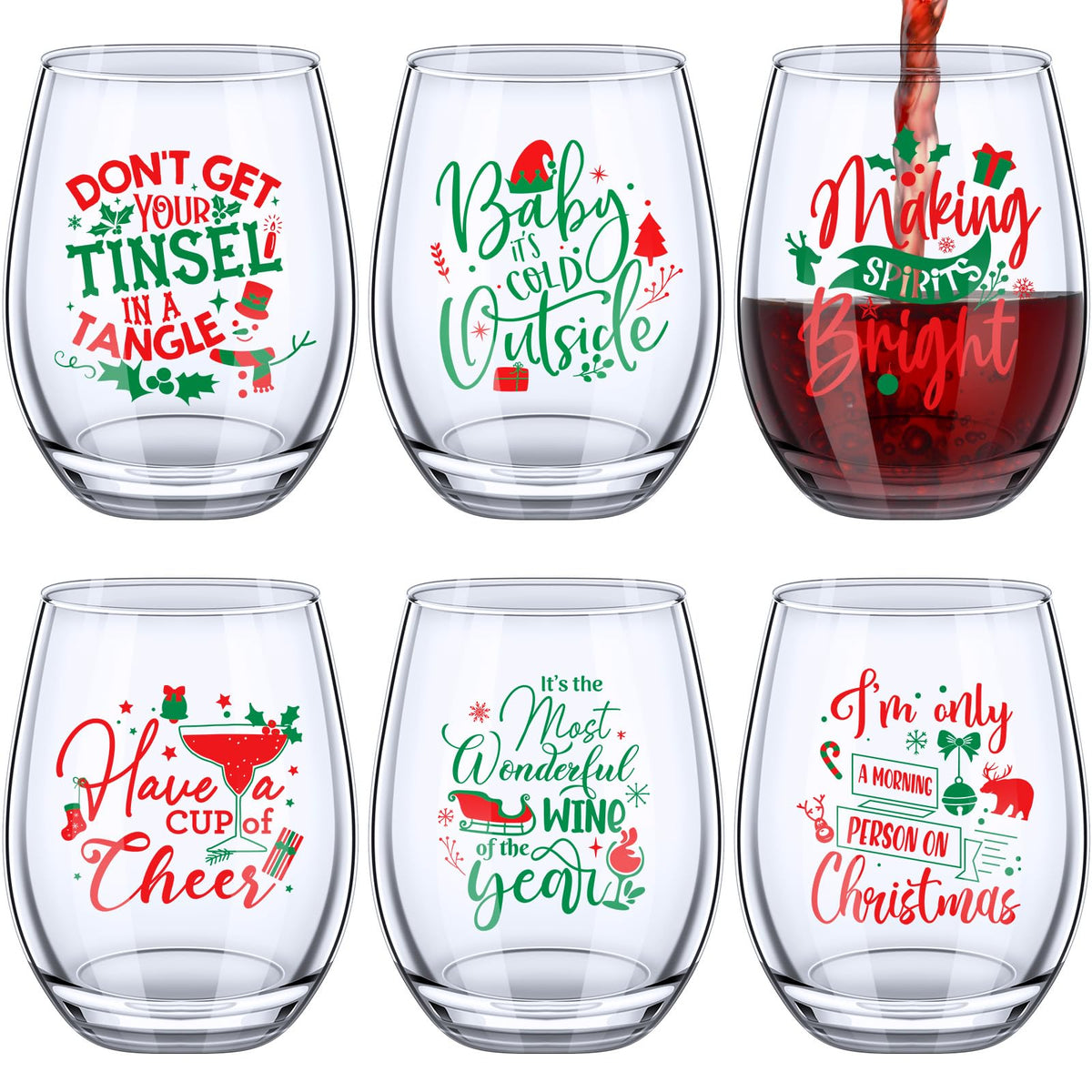 Funtery front view of boxed six-piece Christmas glass set, festive gift-ready