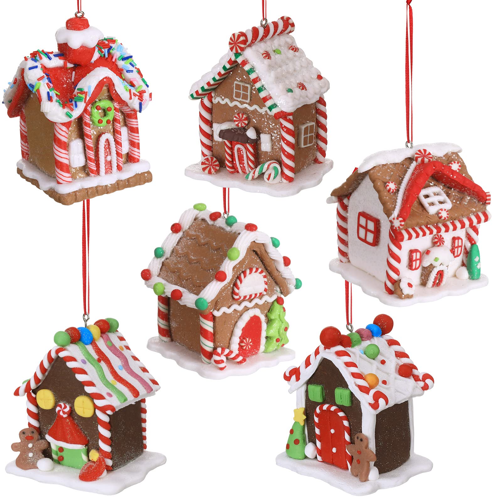 Funtery front view showing six gingerbread house ornaments adding festive charm