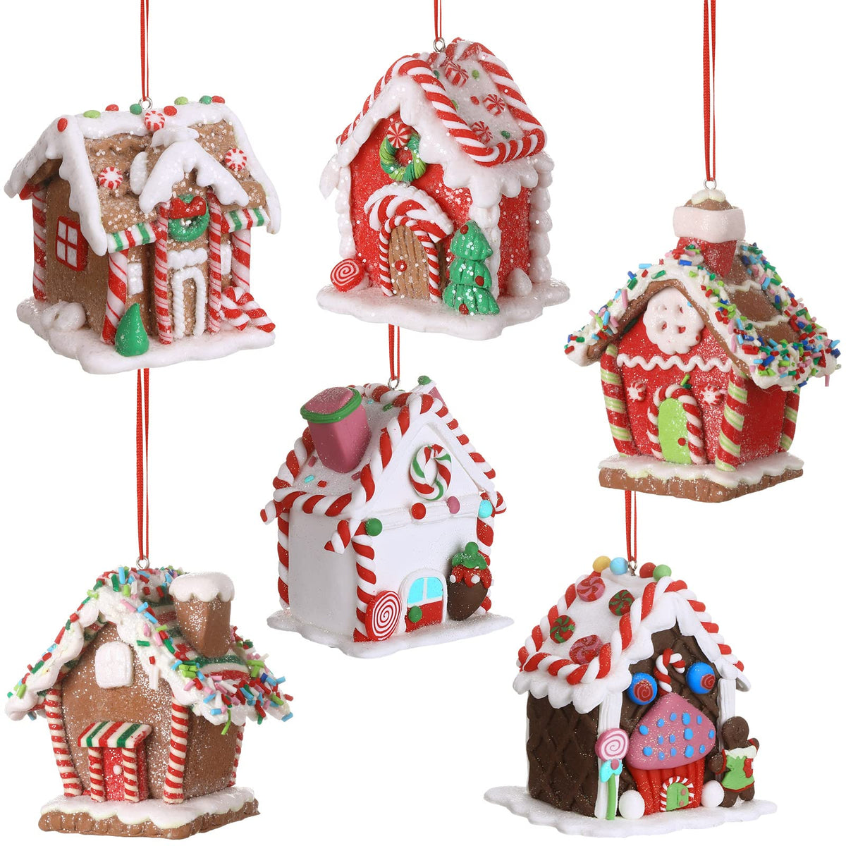 Funtery front view of gingerbread house ornament set showcasing festive designs and appeal