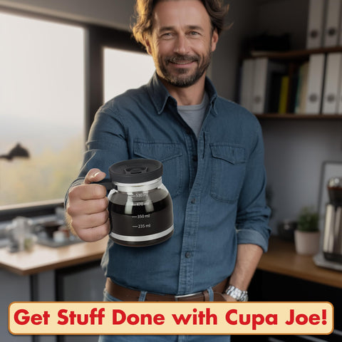 Funwares Cupa Joe filled with coffee demonstrating 20oz capacity for longer enjoyment