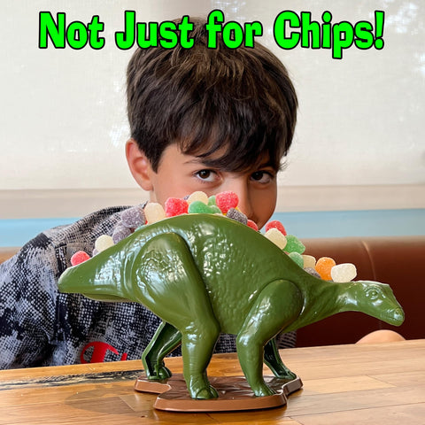 Funwares Nachosaurus on party table with chips and salsa, creating fun festive presentation