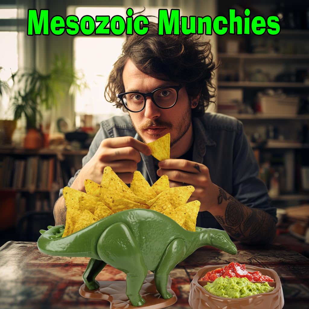 Funwares Nachosaurus stored in cabinet with other dishes, showing compact, space-saving design