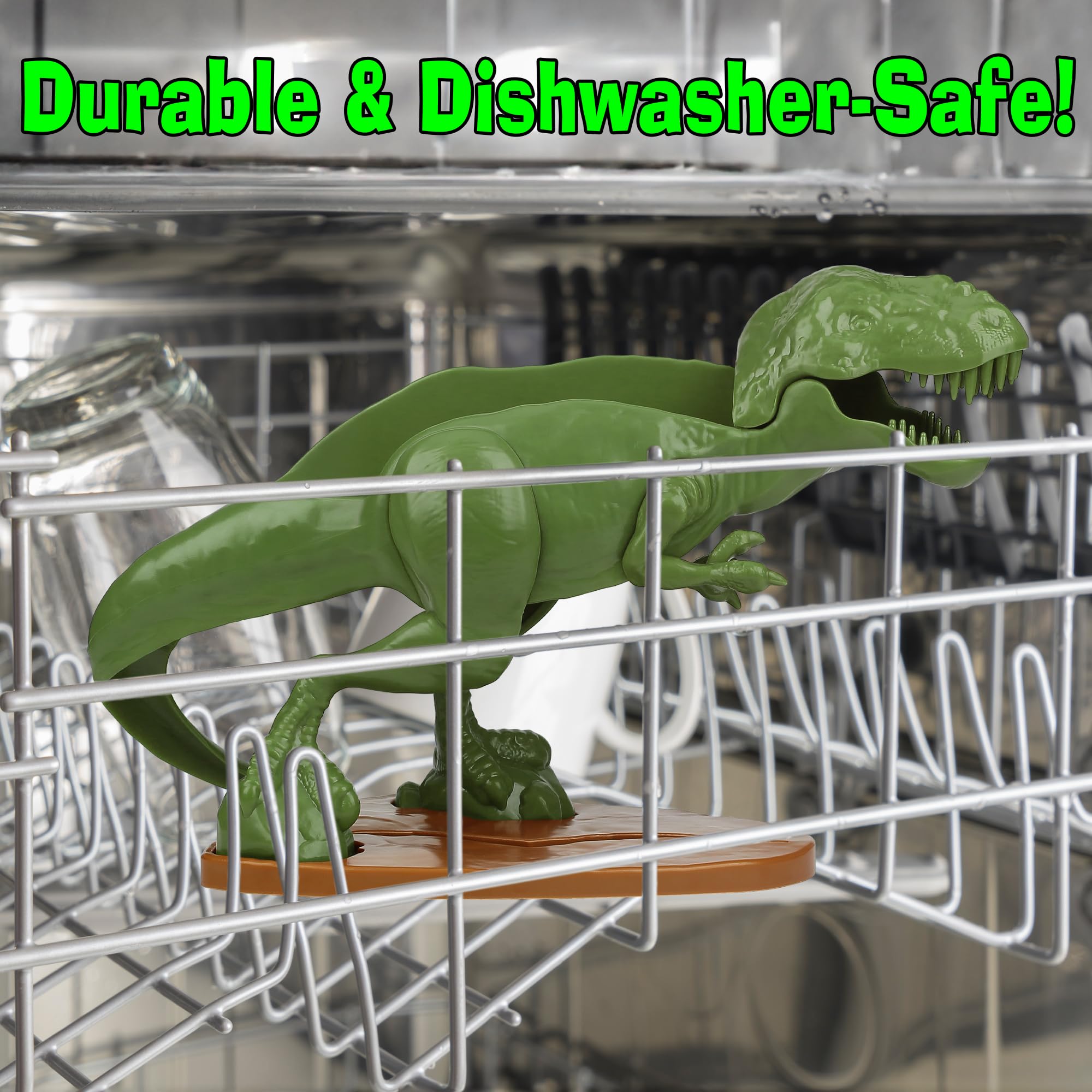 Funwares Tacosaurus holding two tacos demonstrating no-spill serving