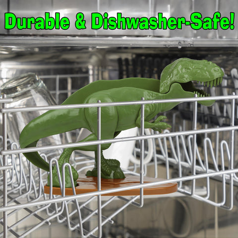 Funwares Tacosaurus holding two tacos demonstrating no-spill serving