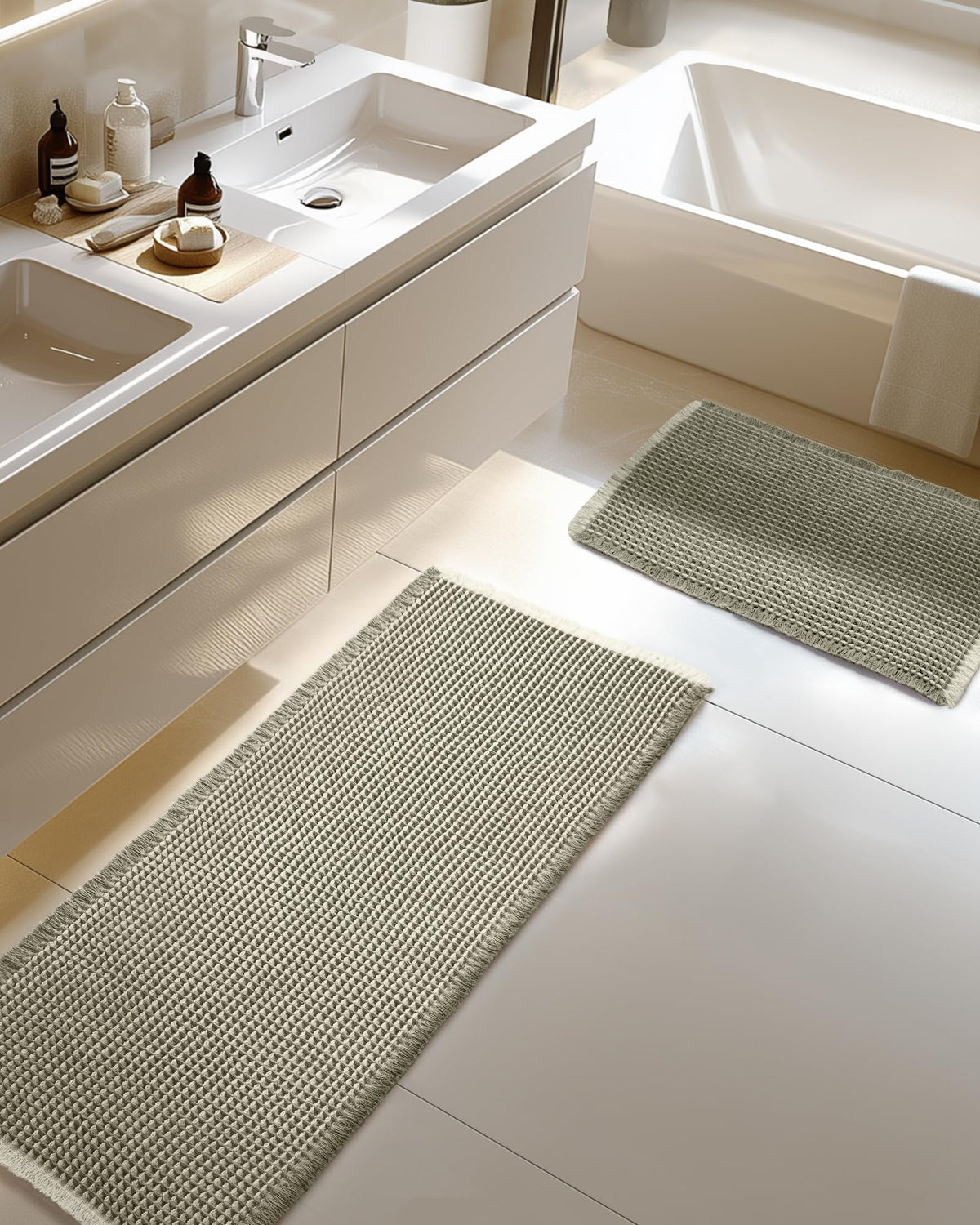 Furicher front view of green and white waffle bath mat set showing size and design, adds comfort