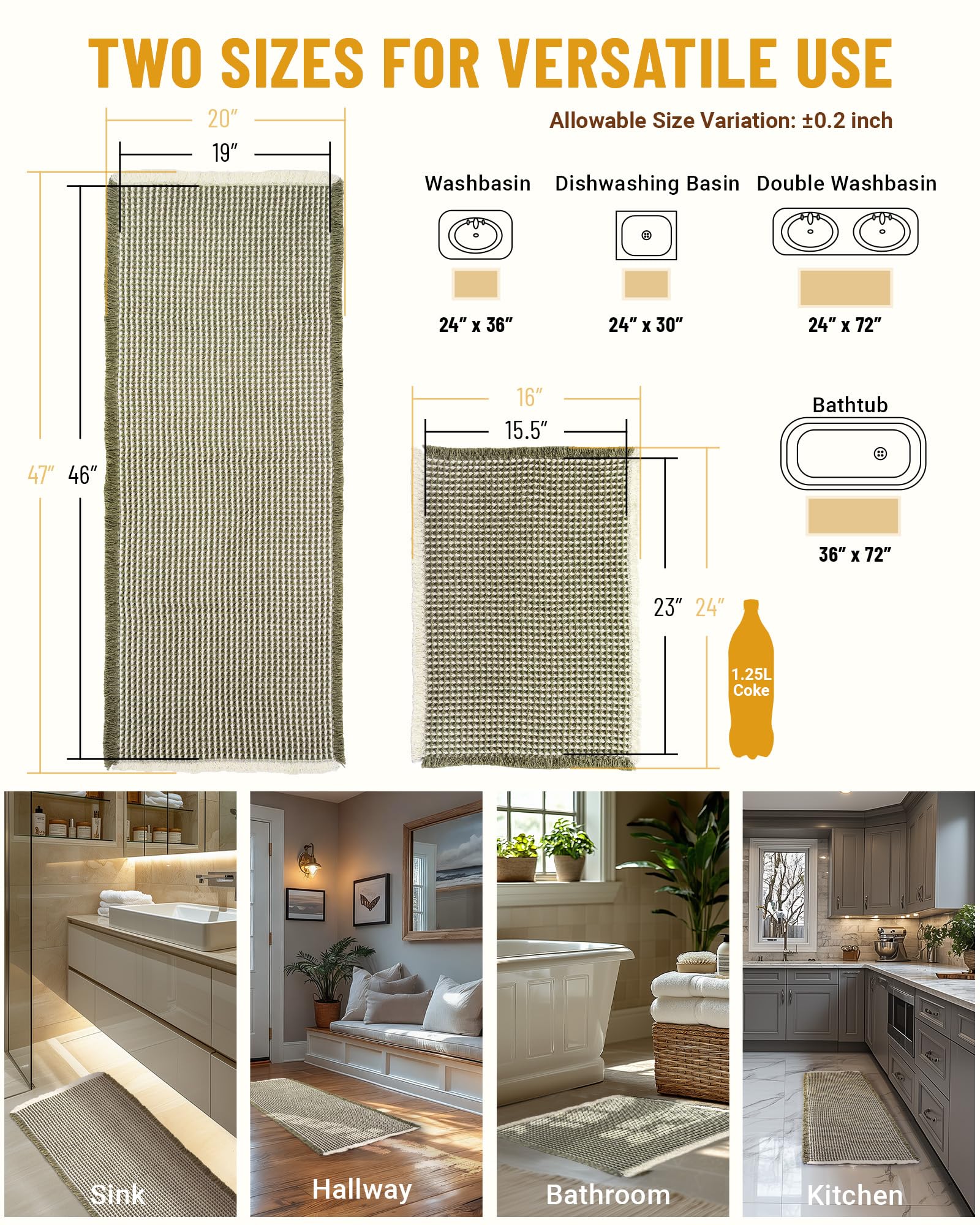 Furicher mats beside a ruler showing 20"×47" and 16"×24" sizes for correct scale and fit