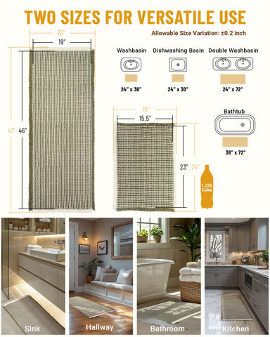 Furicher mats beside a ruler showing 20"×47" and 16"×24" sizes for correct scale and fit
