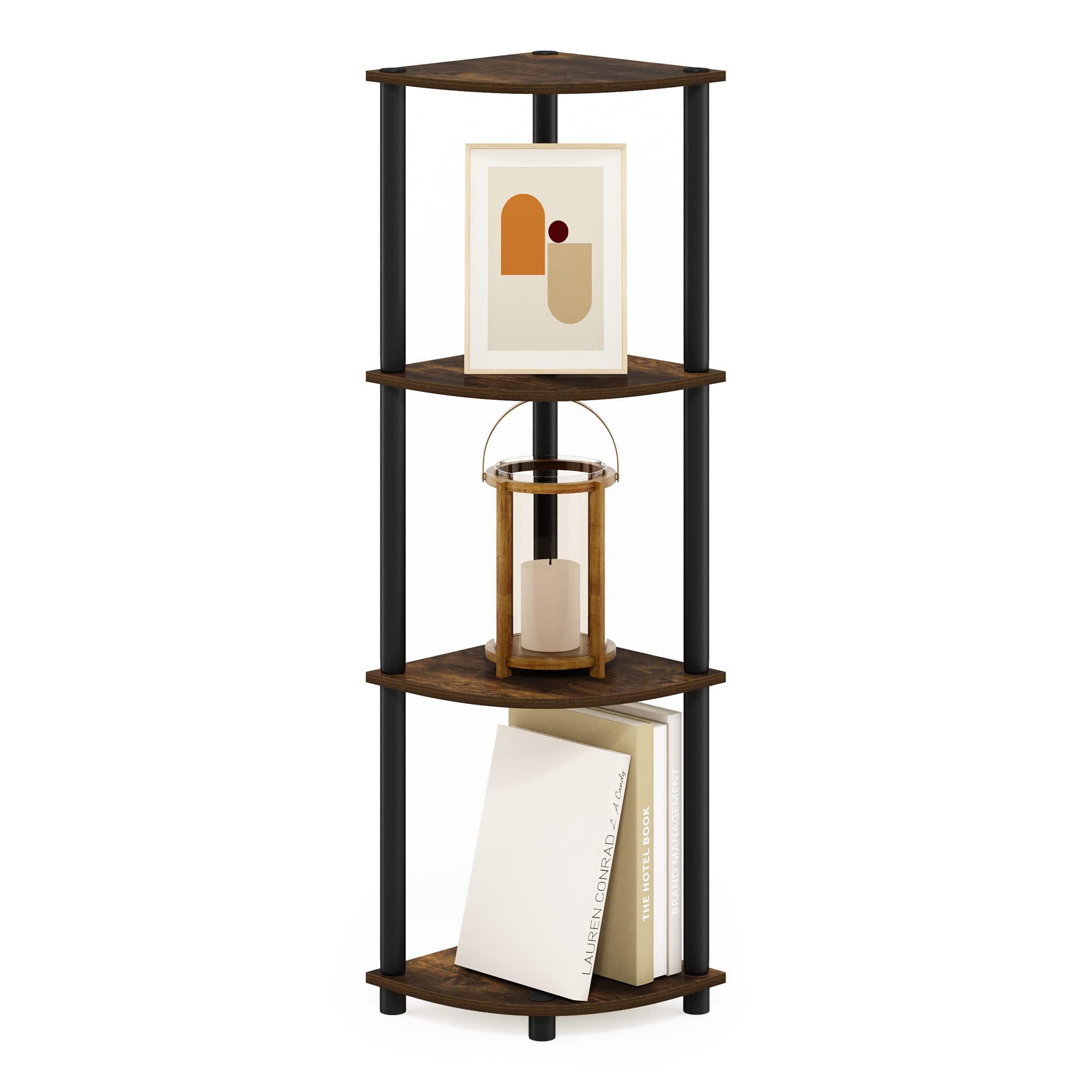 Furinno amber pine front view showing compact corner bookshelf and warm finish for style