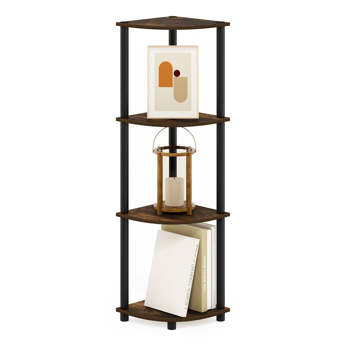 Furinno amber pine front view showing compact corner bookshelf and warm finish for style