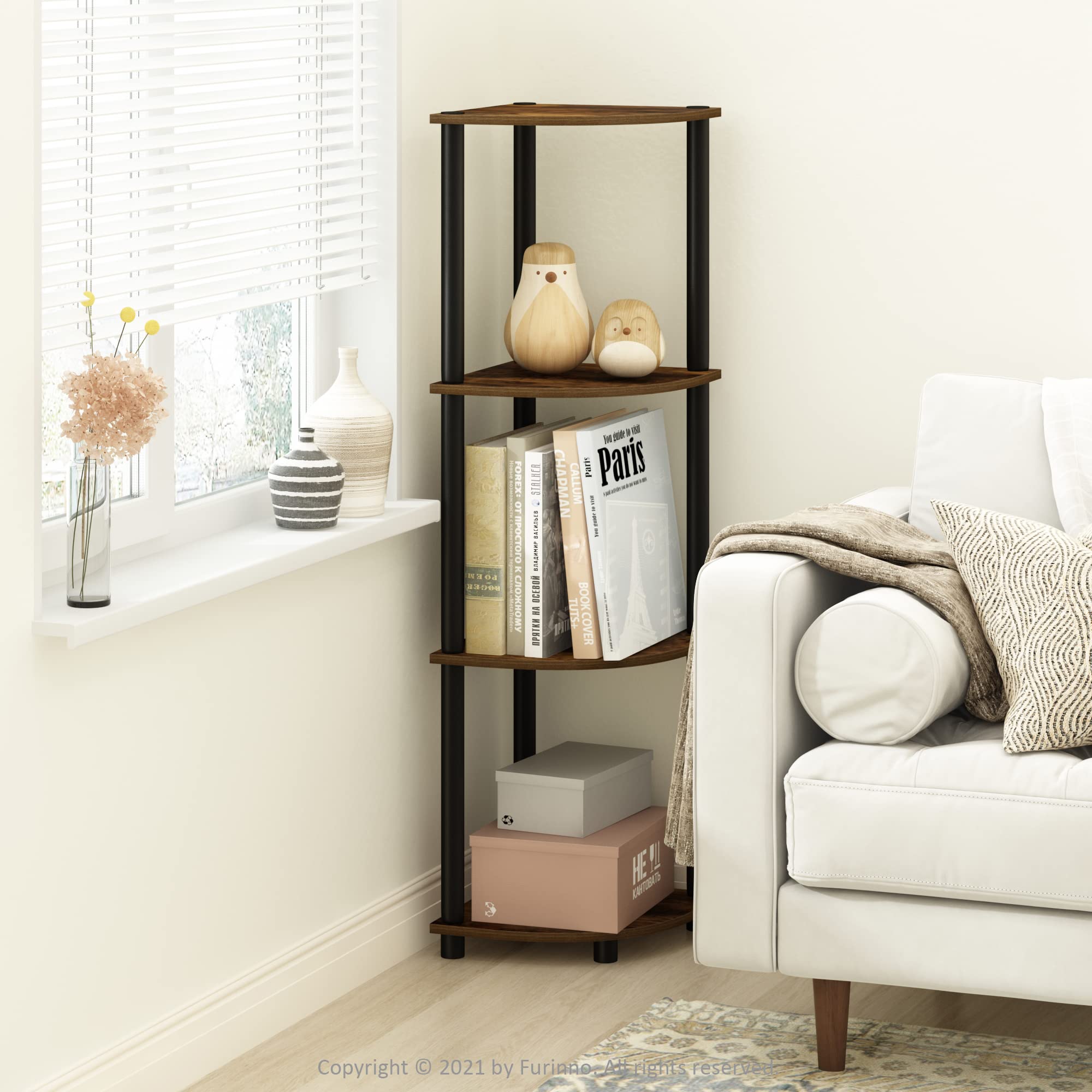 Furinno shelf placed in a living room corner maximizing vertical storage and floor savings