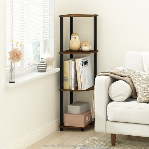Furinno shelf placed in a living room corner maximizing vertical storage and floor savings