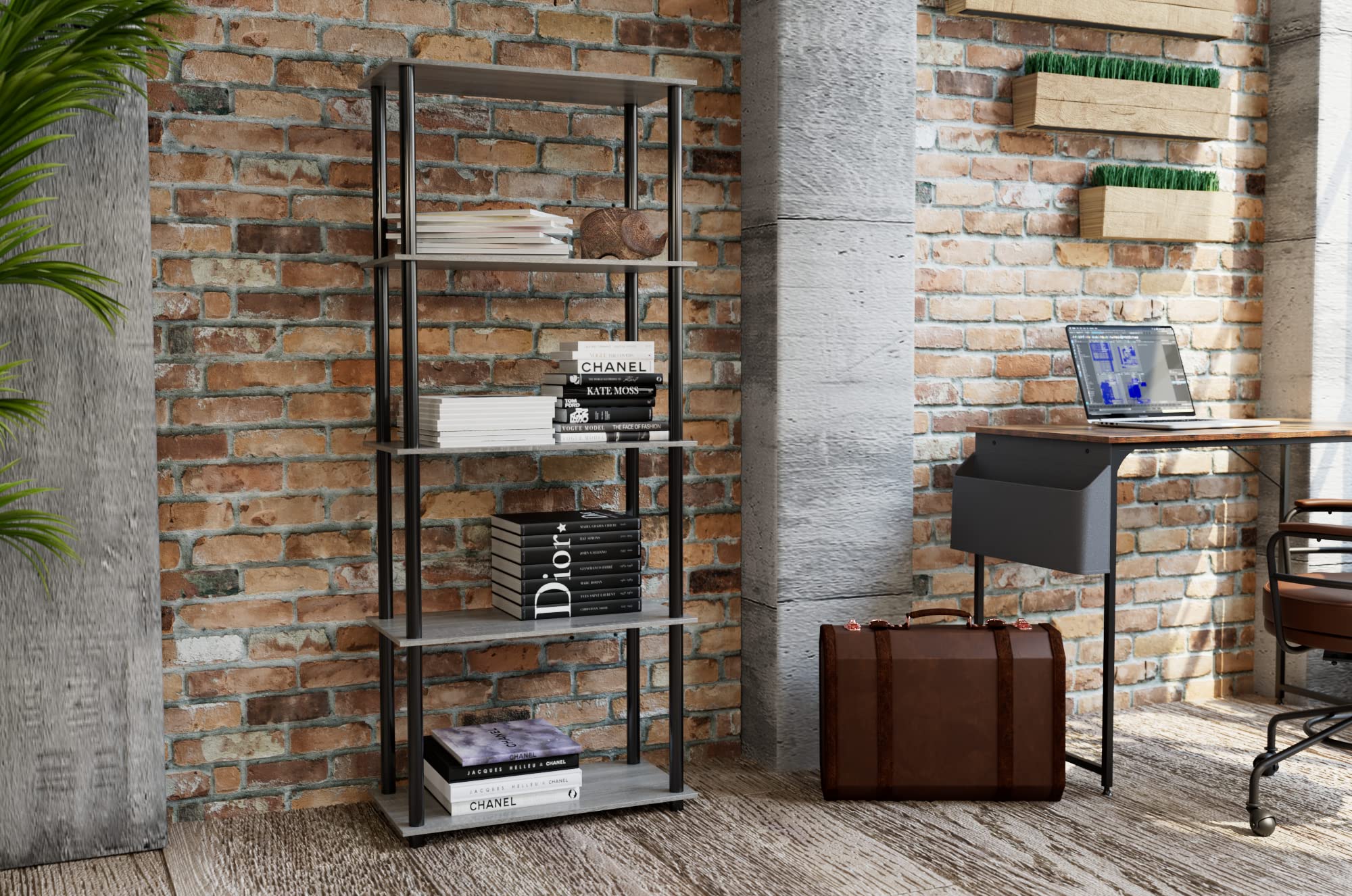 Furinno corner-installed shelf in living room maximizing floor space and organization