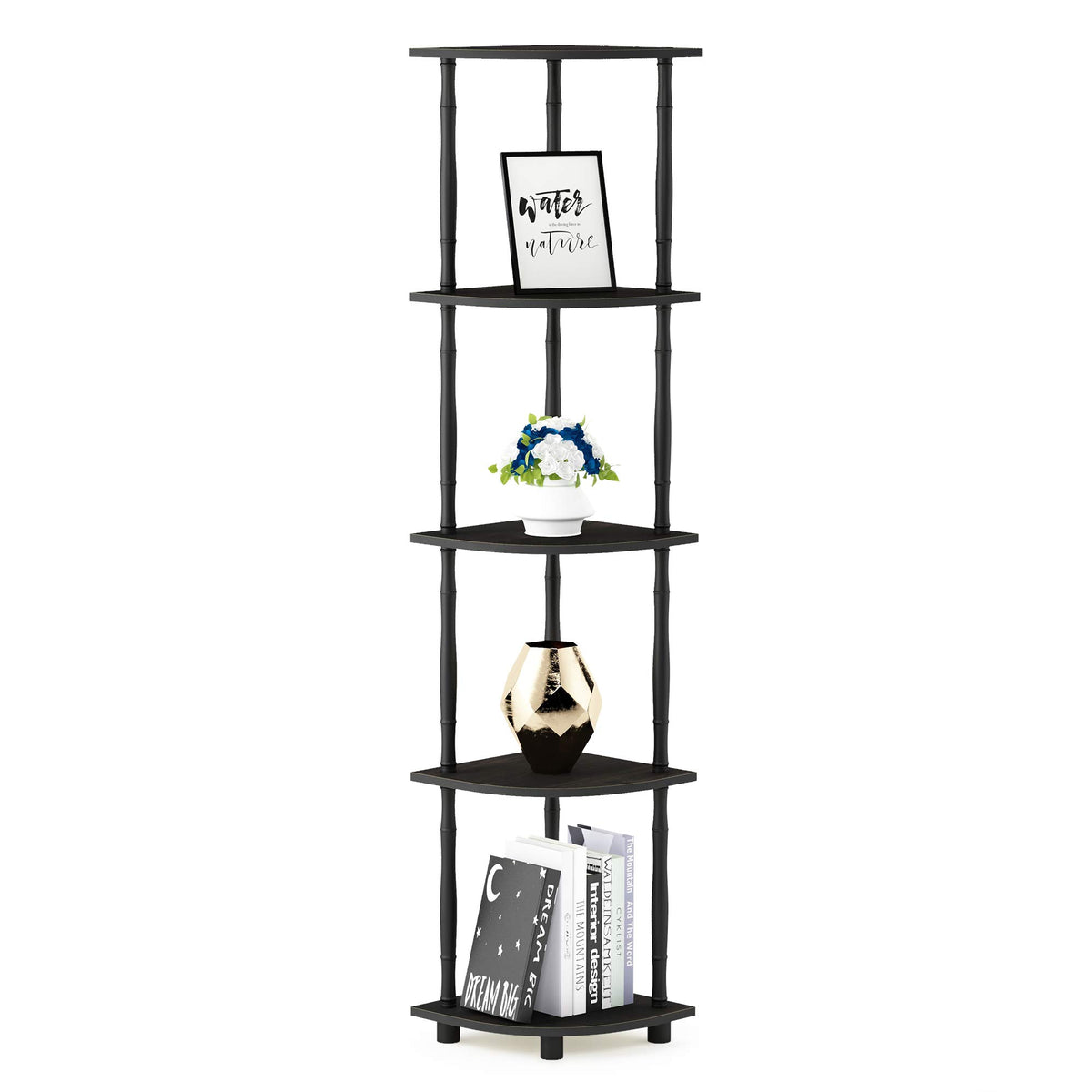 Furinno front view of corner rack showing five tiers and espresso finish for compact storage