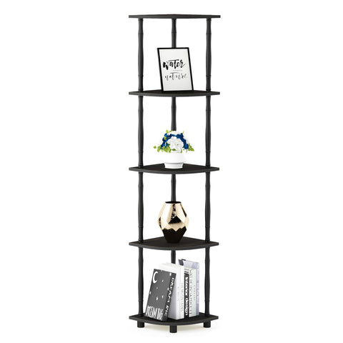 Furinno front view of corner rack showing five tiers and espresso finish for compact storage