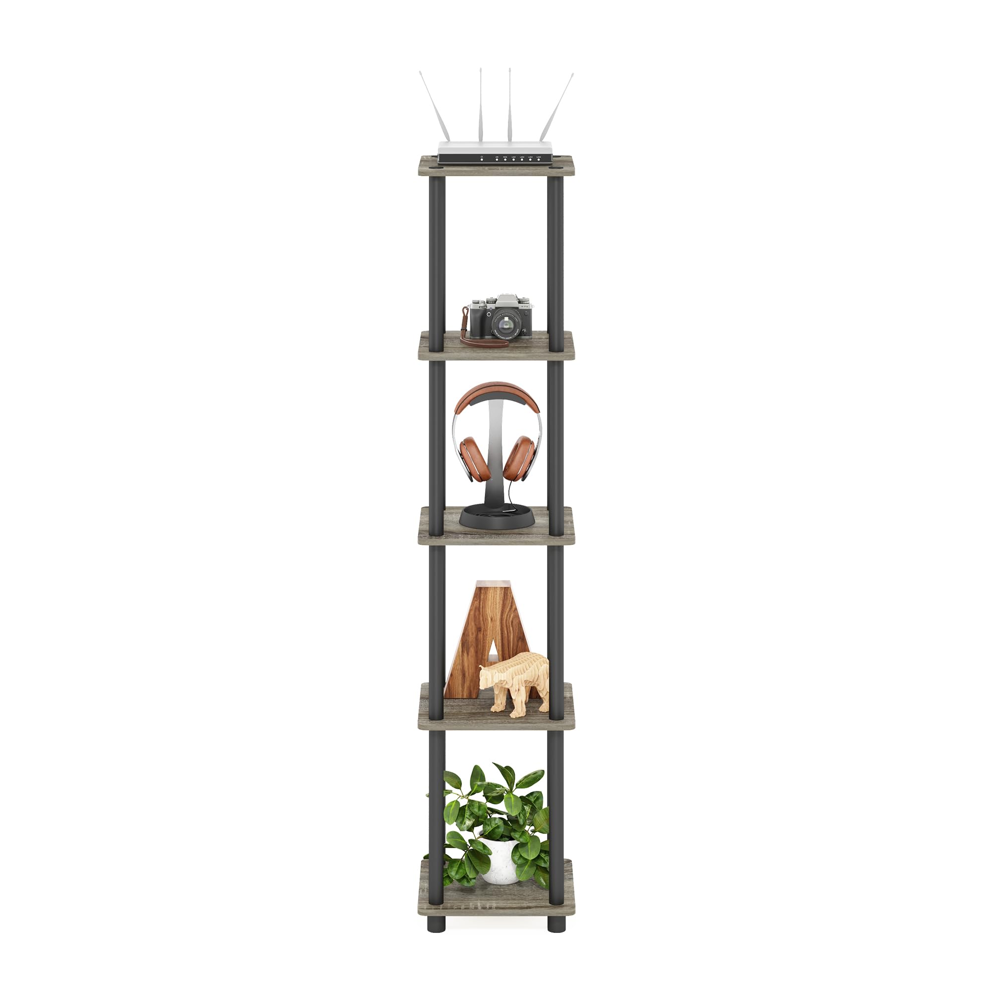 Furinno scale image with objects shows five-tier height and capacity benefit